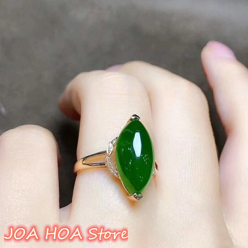 Natural Green Jade Pulp Hand Carved Water Drop Fashion Boutique Jewelry Women's 925 Silver Inlaid Ring