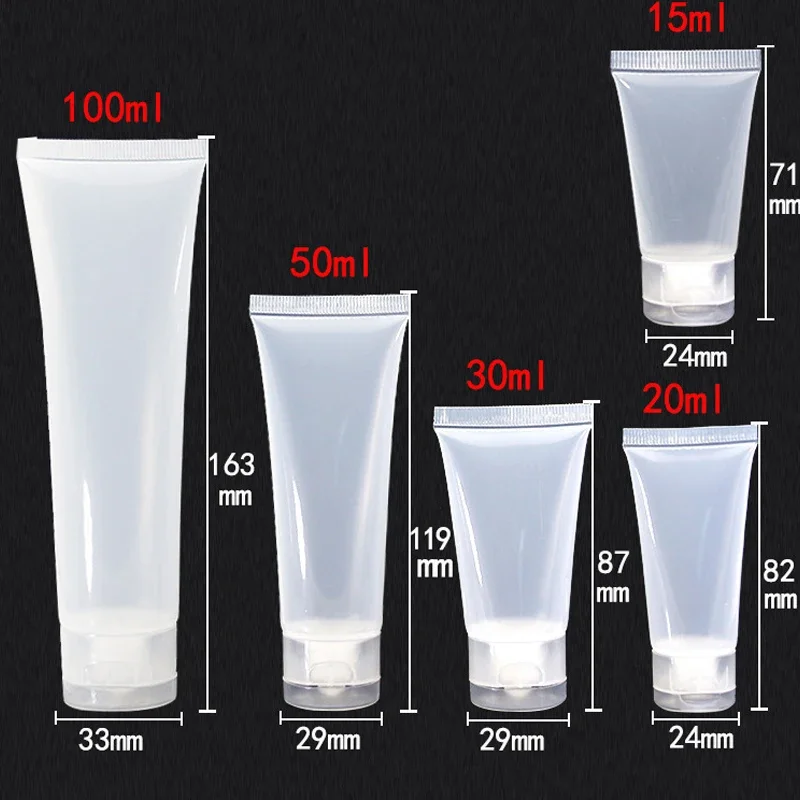 10Pcs 15/20/30/50/100ml Empty Clear Plastic Cosmetic Tubes Refillable Travel Sample Container for Detergent Face Wash Hand Cream