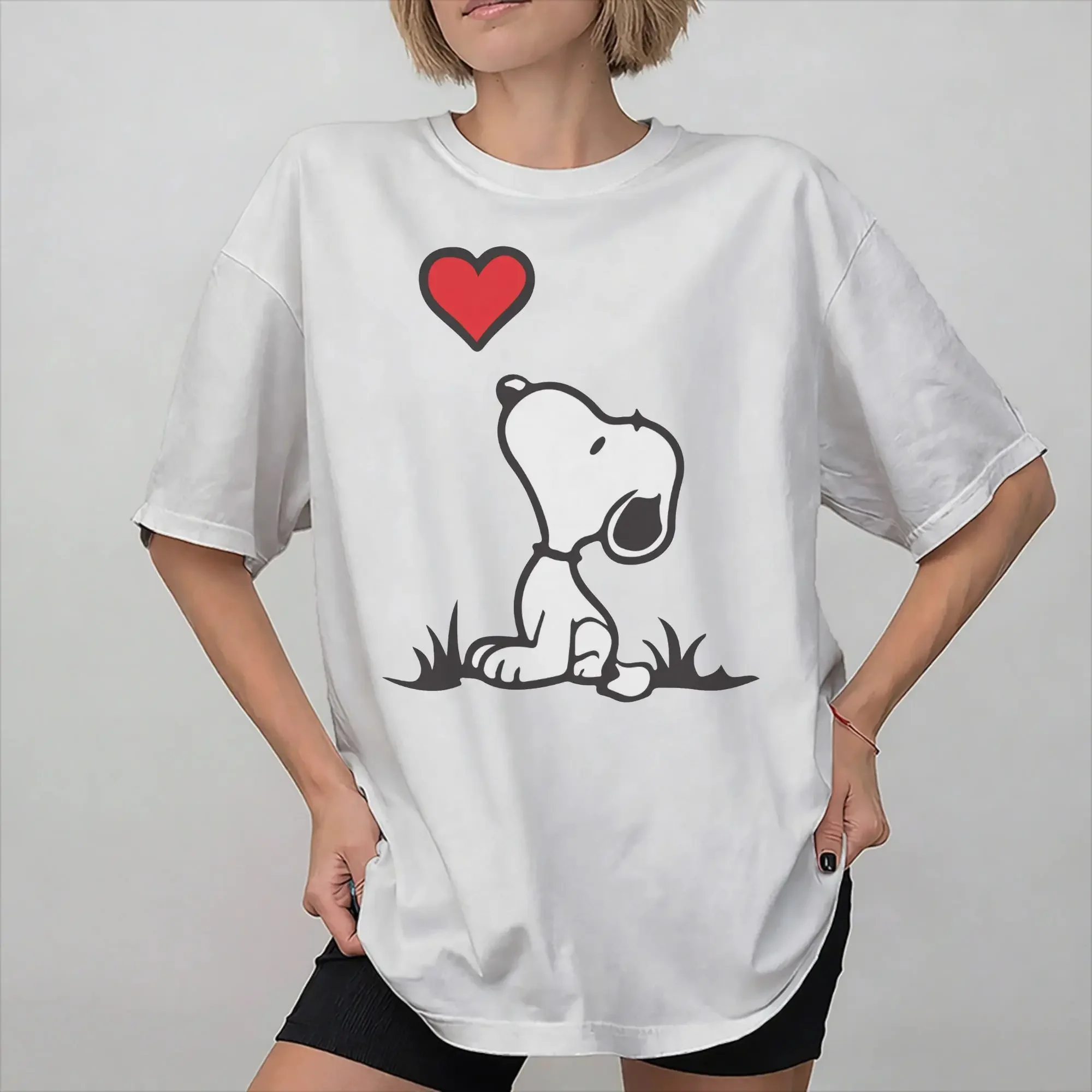 Grafikdruck, Snoopy-Cartoon-Hund-Motiv, T-Shirt für Damen, Herren und Kinder, aus reiner Baumwolle, kurzärmeliges Kleidungsstück. – Detail 5
