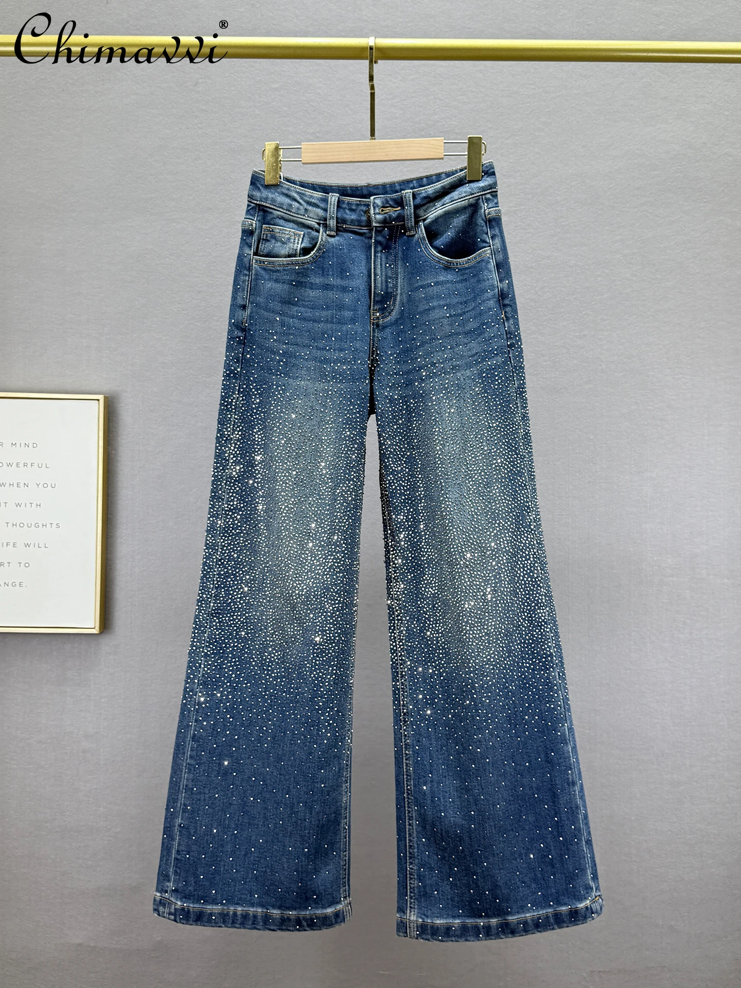 Pantalones vaqueros con forro polar para mujer, nueva moda de invierno, cintura alta, ajustados, estilo europeo, cielo estrellado, diamantes de imitación, pierna ancha, hasta el suelo