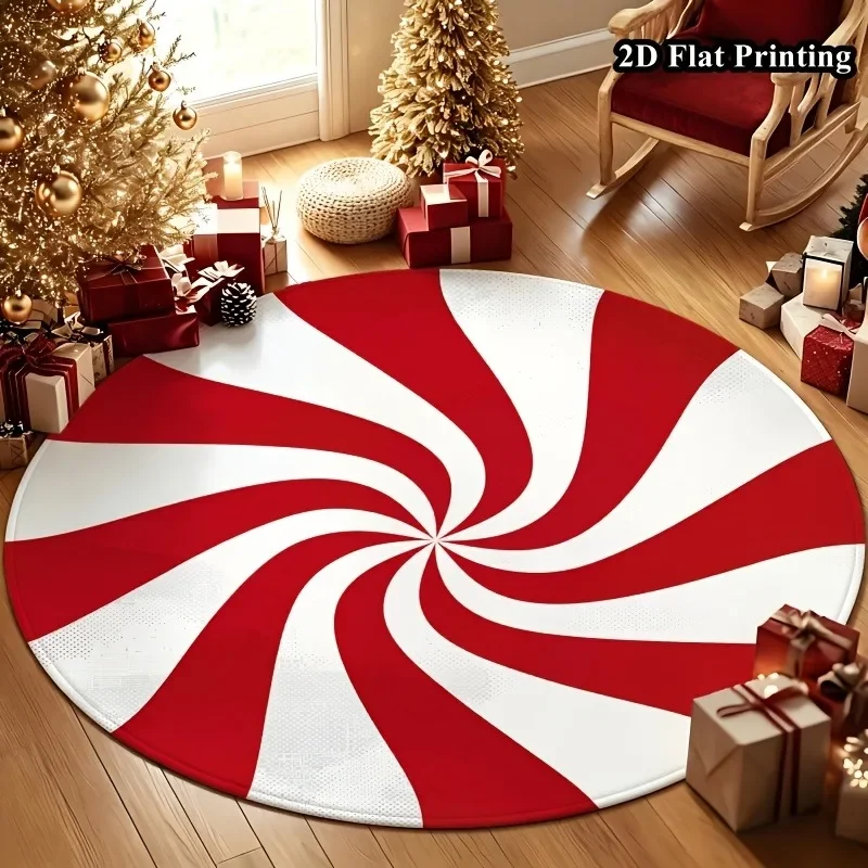 Round Area Rug 2D Flat Christmas Peppermint Candy Carpet Flannel Soft Warm Swirl Geometric Sofa Floor Cushion