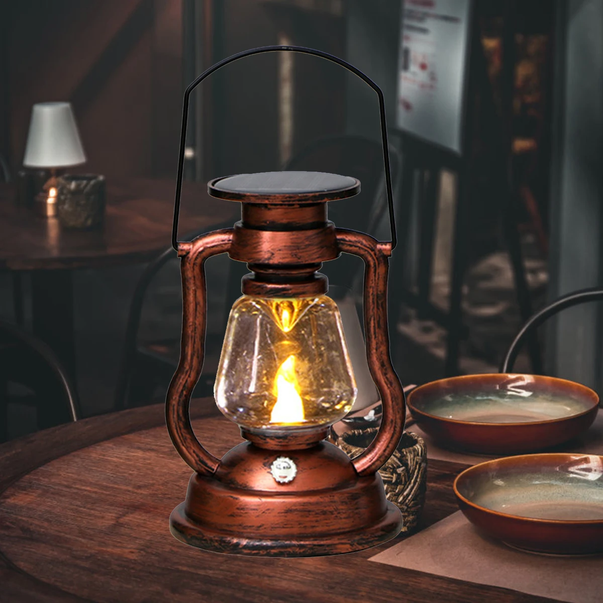 Vintage Lantern LED Decorative Solar Light Flickering Flame Hanging Lantern Decoration Retro Rustic Accent Kerosene LED Oil Lamp