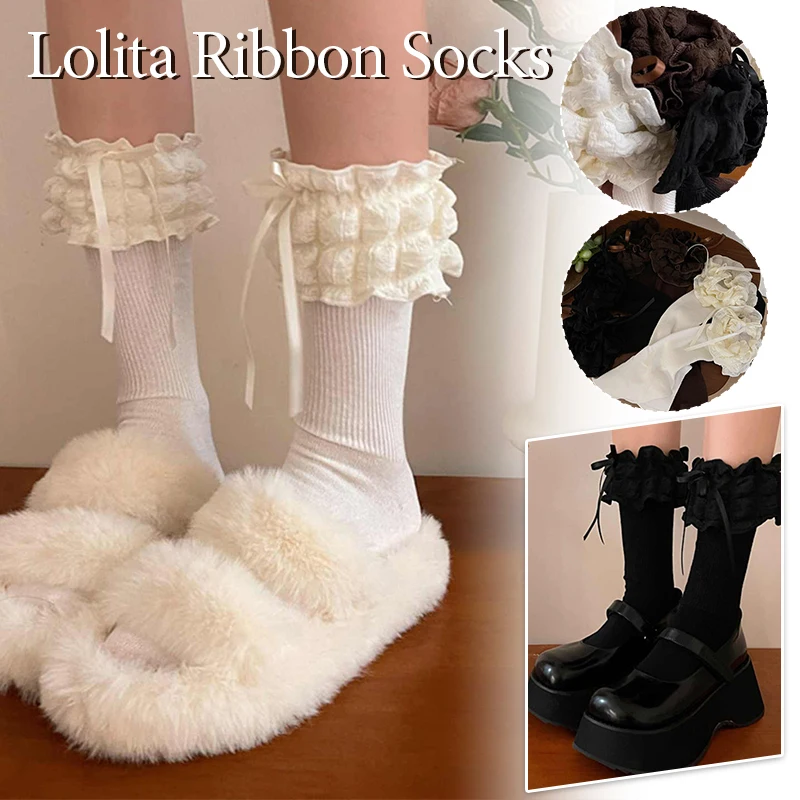 

Sweet Fluffy Lace Ribbon Bowknot Lolita Girl Princess Socks Harajuku Student Socks Women Cute Kawaii Lolita JK Socks