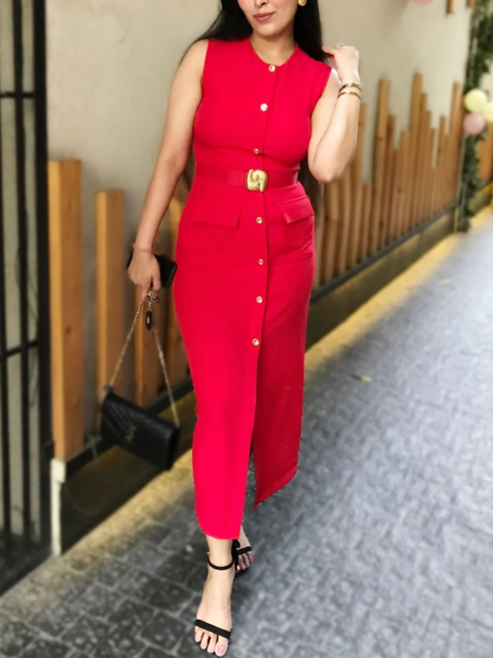 Women Fashion O-Collar Single Breasted Hem Slit Belt Decorate Midi Dress Female Chic Sleeveless Back Zipper Slim Dress