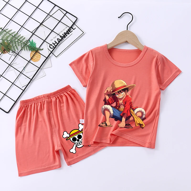 Pigiama estivo per bambini di un pezzo Pigiama estivo Rufy Figure anime Indumenti da notte in cotone Allentato Camicia da notte alla moda Cappotto da notte per bambini Regali