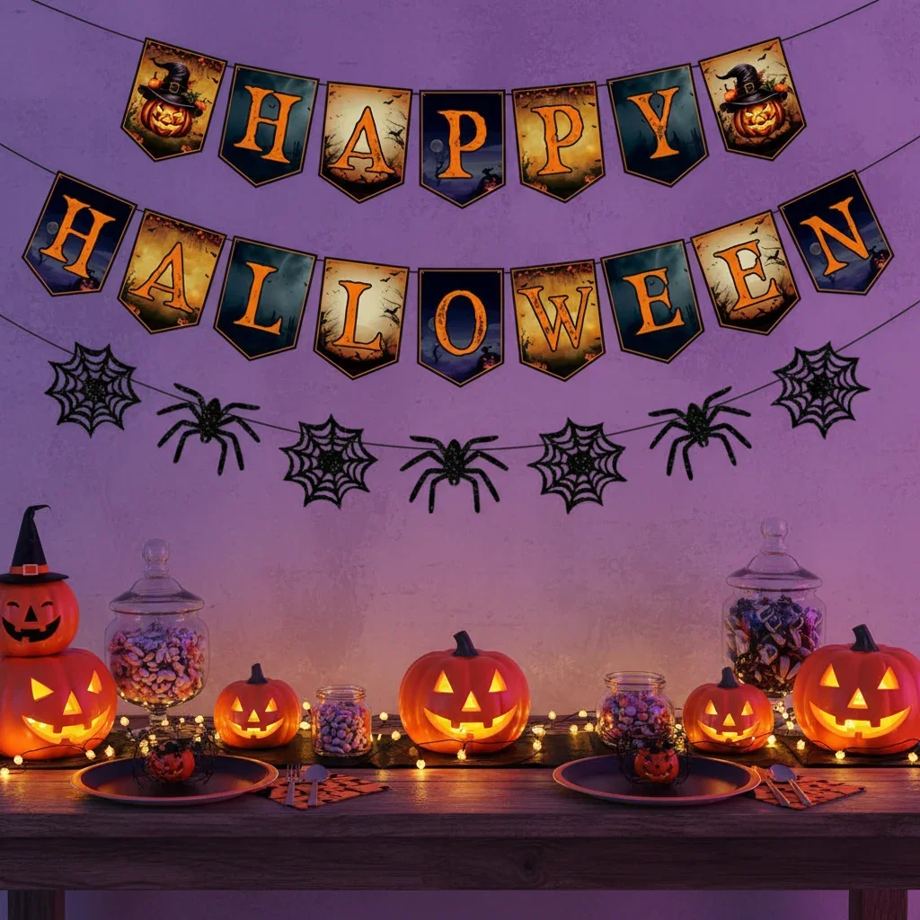 1 Set Halloween Hängende Papierbanner-Dekoration Gruseliger Hexenhut Kürbis Spinnen Girlande Horror-Party Innenraum Kamin Heim-Dekoration