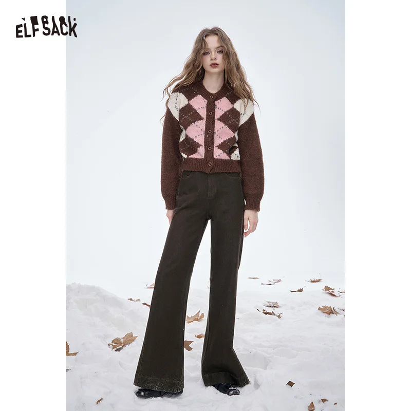 

ELFSACK 2025 Winter New Arrivals Elegant Minimalist Vintage Classic Straight Wide Leg Solid Floor Length Jeans For Women