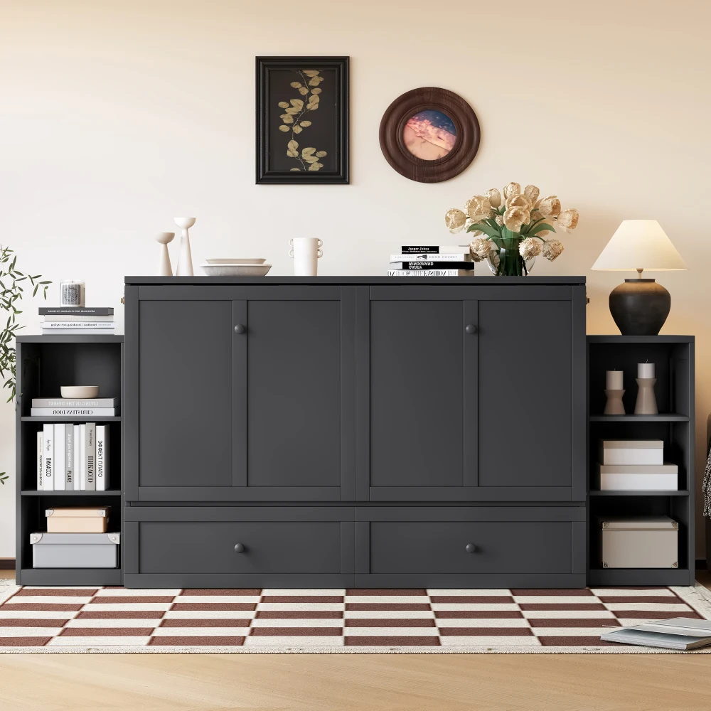 

Queen size Murphy bed with spacious storage drawers and shelves, Ideal for guest rooms or compact bedrooms,Vintage Dark Gray