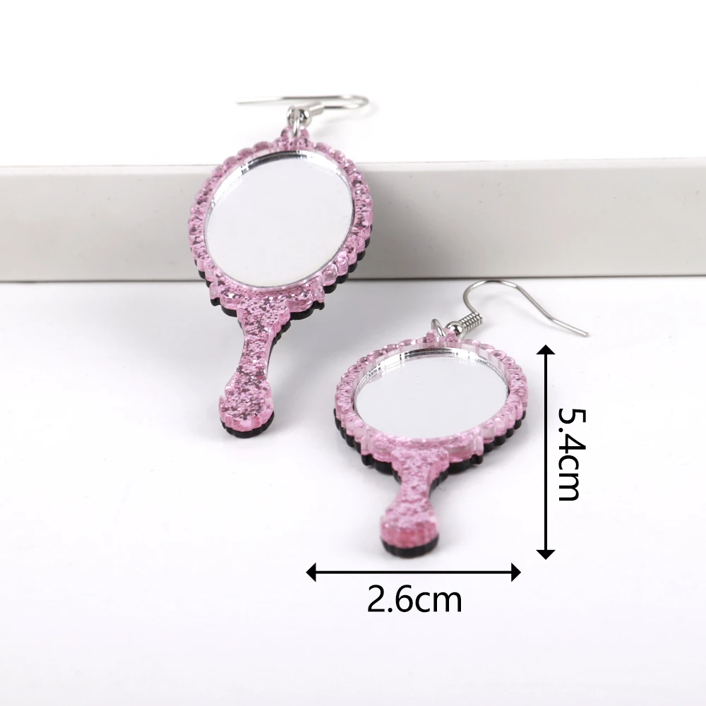 2024 Pink Glitter Acrylic Magic Mirror Women's Earrings Personalized Mini Makeup Mirror Dangle Drop Earring Statement Jewelry