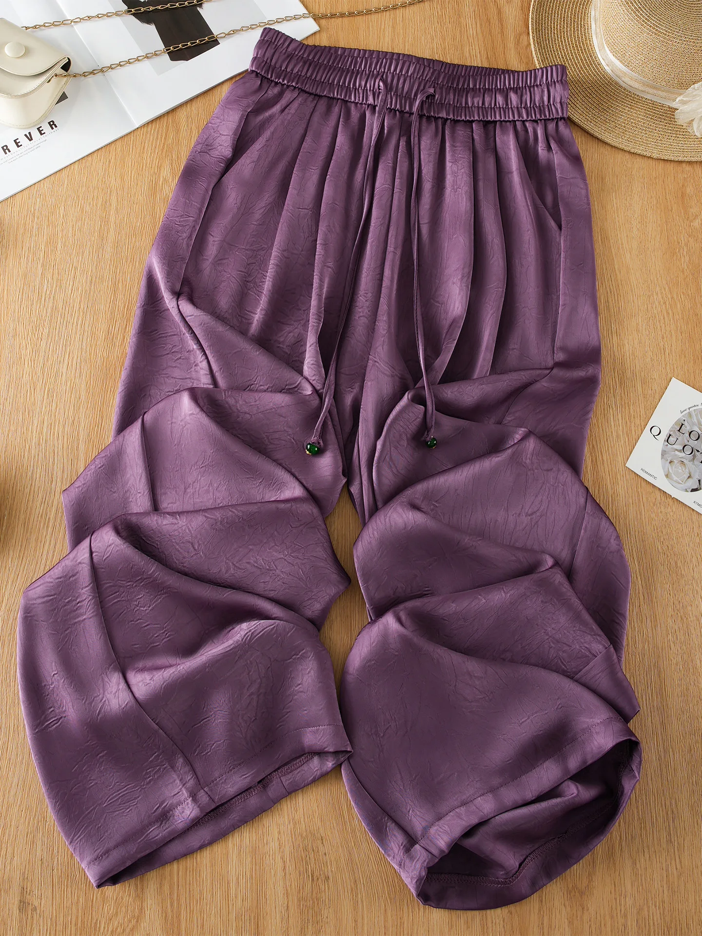 Acetate Satin Wide Leg Pants Women Summer Thin High Waist Drape Cool Casual Ice Silk Straight Leg Pants Loose Fit High Waist