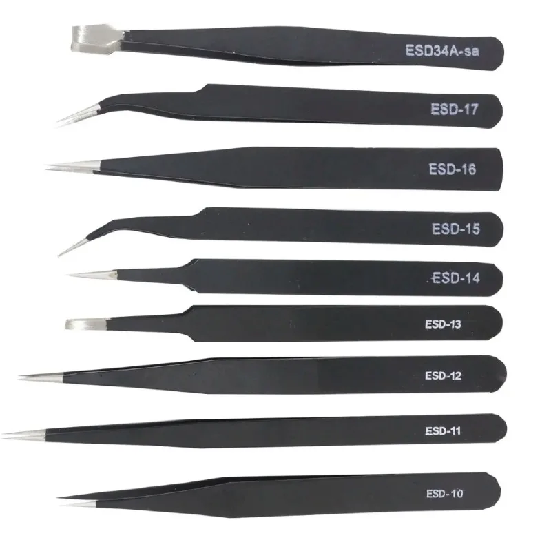 Precision Black Stainless Steel Tweezers Set - 10-17 Pointed Elbow Straight Edge Tool for Detail Work