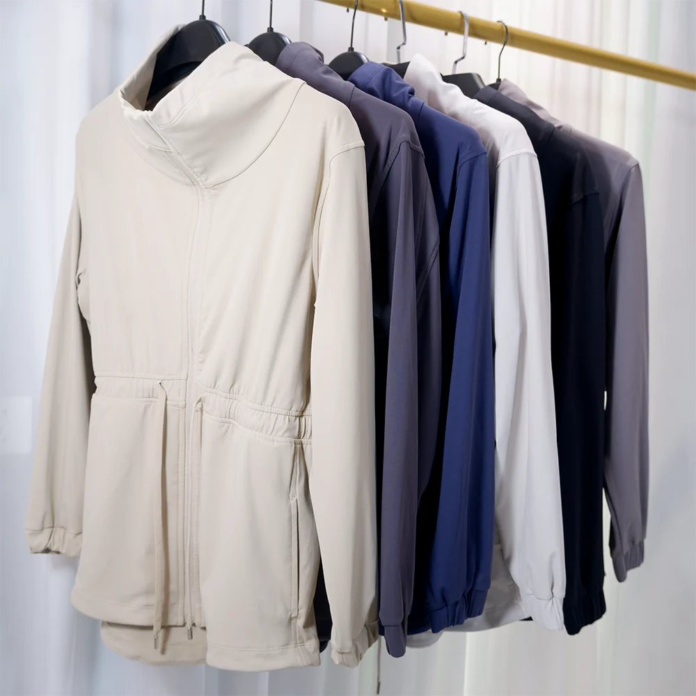 Waist-Tightening Windbreaker Jacket Autumn Casual Yoga Coat Turn-Down Collar Slimming Long Style Hip-Covering Slim Fit Sportswea