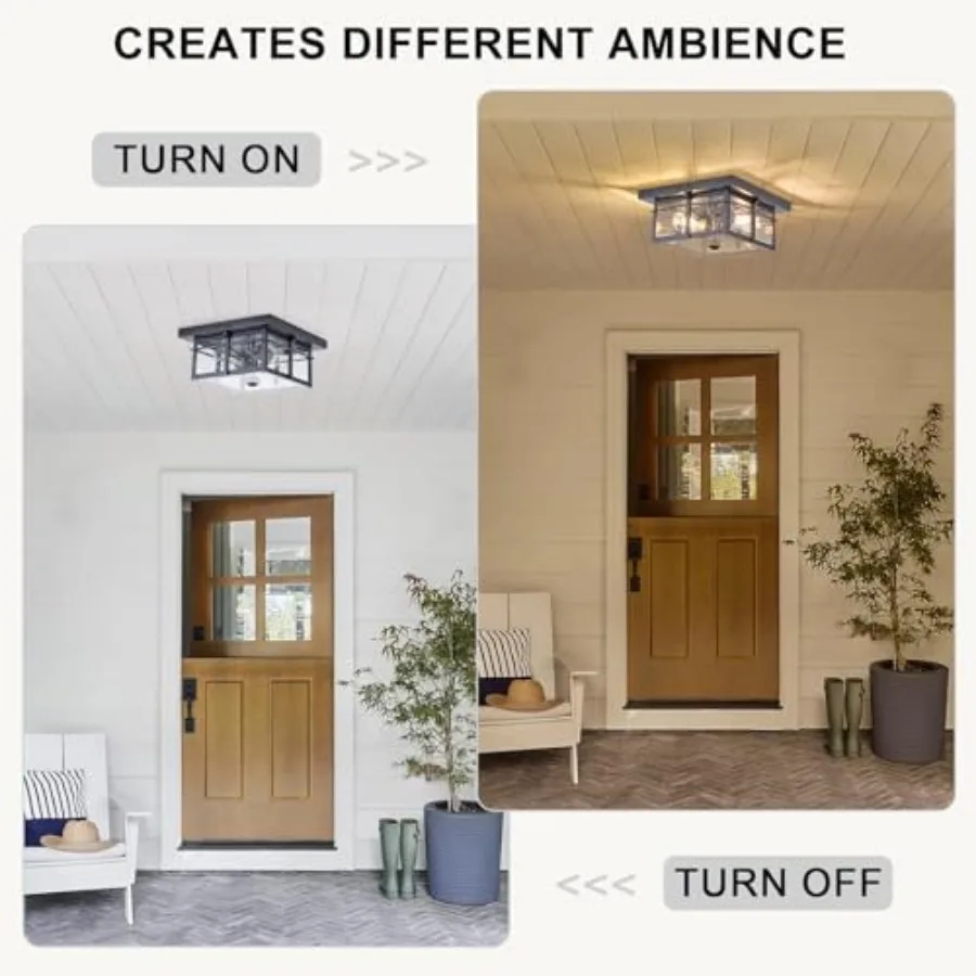 Motion Sensor Outdoor Flush Mount Ceiling Light, Industrial Glass Rustic Wood-Like Finish 2-Light Ceiling Lamp for Porch, Entry