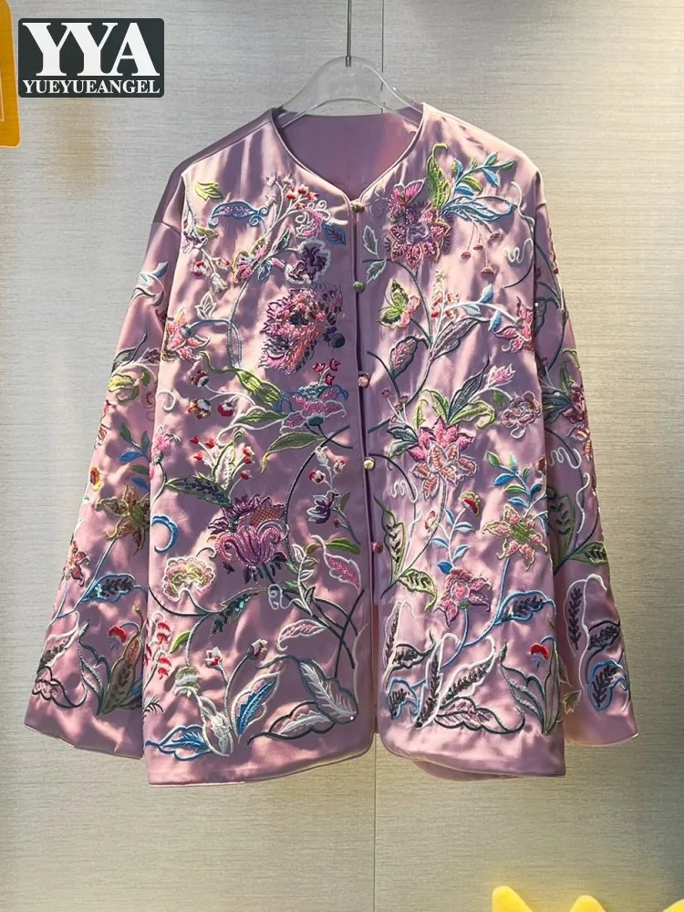 Vintage Flower Embroidery Beading Elegant Women Jacket Spring Long Sleeve Loose Fit Single Breasted Chinese Style Designer Coat