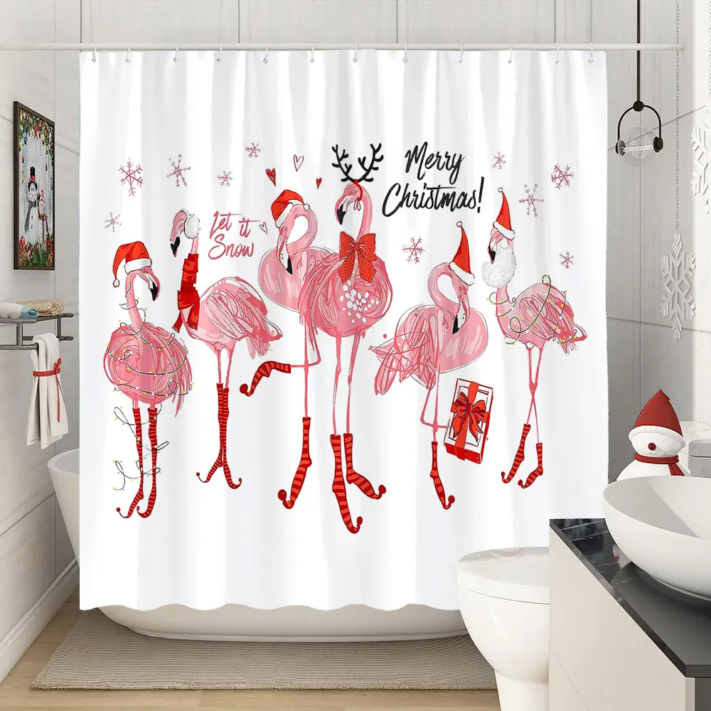 

Pink Xmas Flamingo Shower Curtain Snowflake Happy Tropical Bird Family with Santa Hat Merry Christmas Curtains for Kids Bathroom
