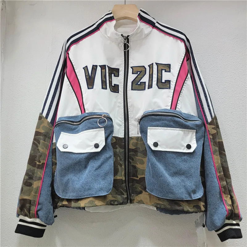 

2025 Fall New Arrival Women's Heavy-Detail Denim Jacket - Color-Block, Large Pockets, Camo Patchwork & Letter Accents