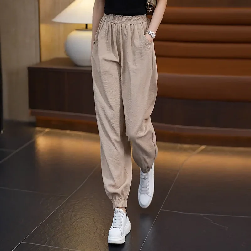 

Ice Silk Cotton Linen Thin Nine-Point Caual For Women Summer Comfortable Fahionable Harem Jogger High Wait Looe Lantern