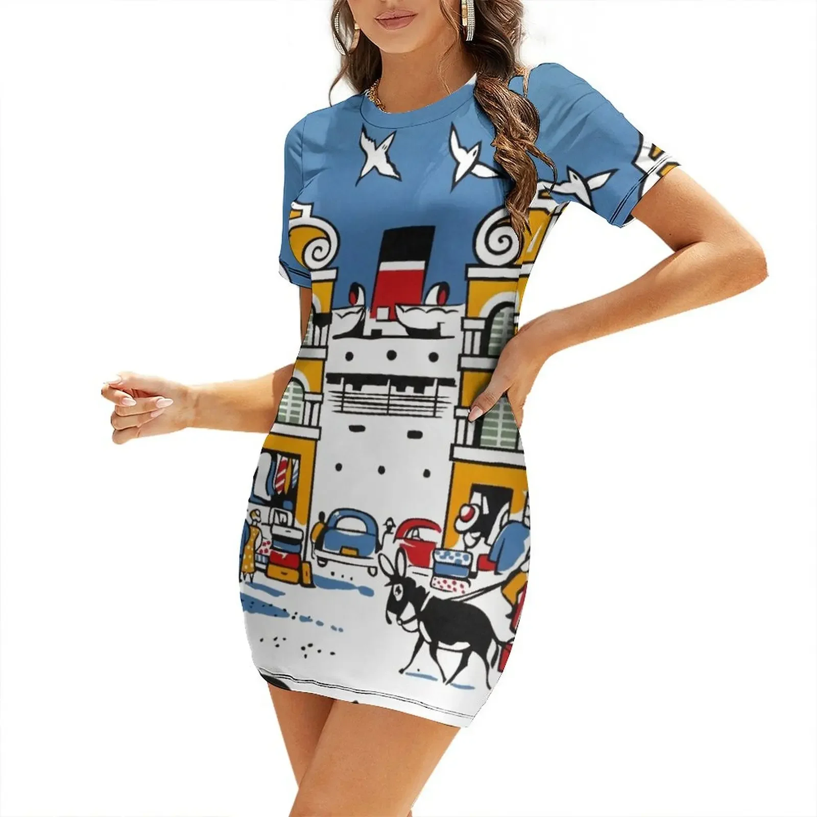 

Curacao Vintage Travel Poster Restored Short-Sleeved Dress women party dresses