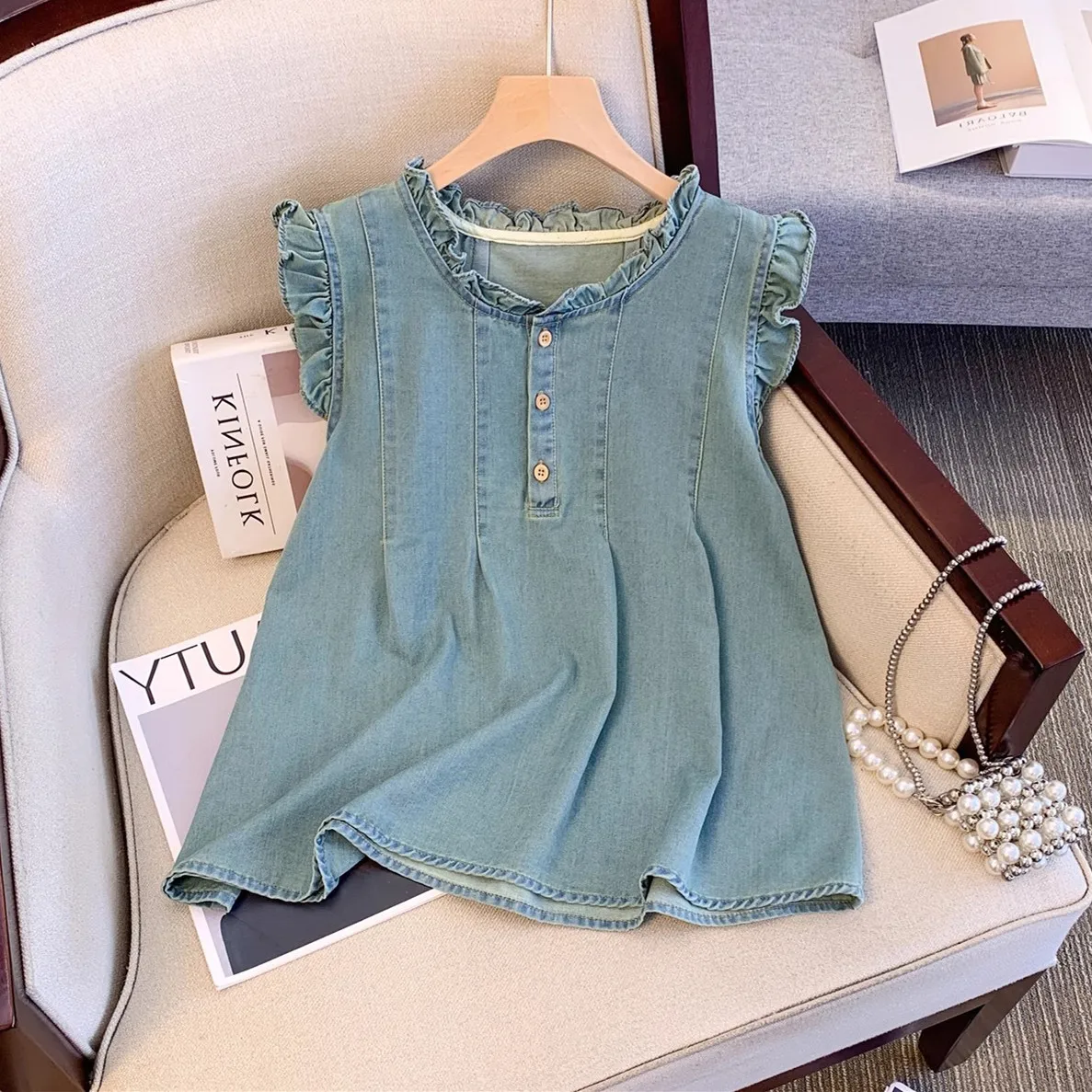 

Unique Design Wooden Small Flng Sve Stand Collar Denim irt Women ort Sle Korean Hong Kong Doll Top Summer