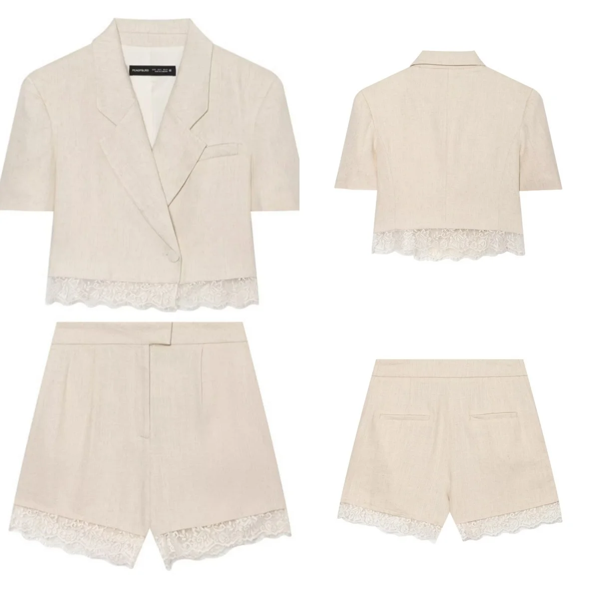 Women's short blazer shorts Lace Patchwork Short Summer Short Sleeve Lapel Blazer Front Pleated A-line Wide Leg Pants Chic Set