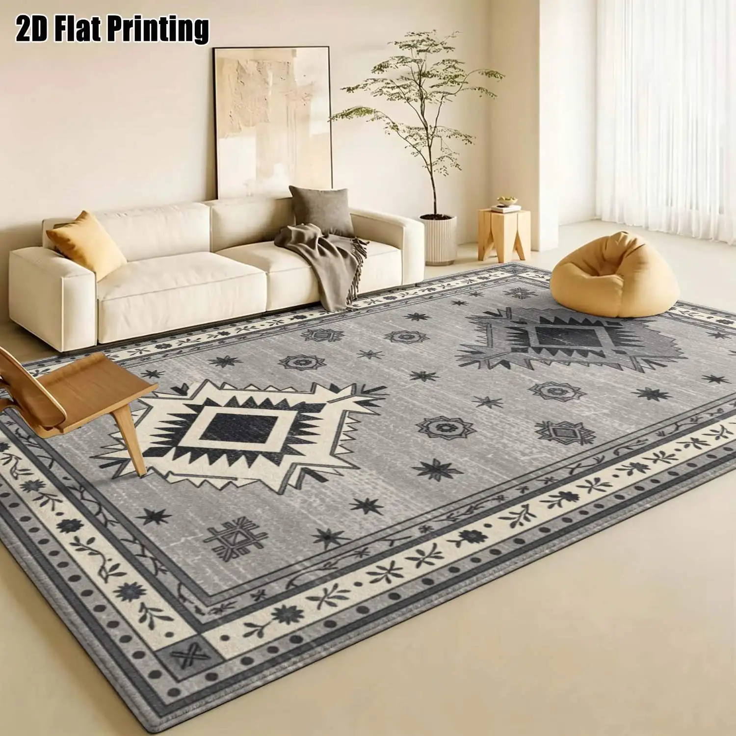 1Pc 2D Printed Grey-Blue Geometric Nordic Vintage Bohemian Carpet, Machine-Washable, Multiple Sizes, Suitable for Entrance, Dining Room, Foyer, Bedroom, Living Room as Doormat/Floor Mat