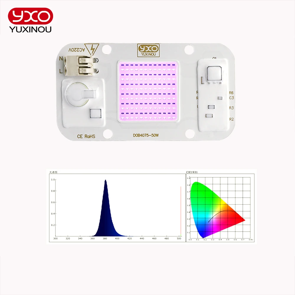 220V 50W High Power UV Purple LED 395nm Ultraviolet Bulbs Lamp Chips Light Beads Diode LED phosphor lighting For Printer Curing