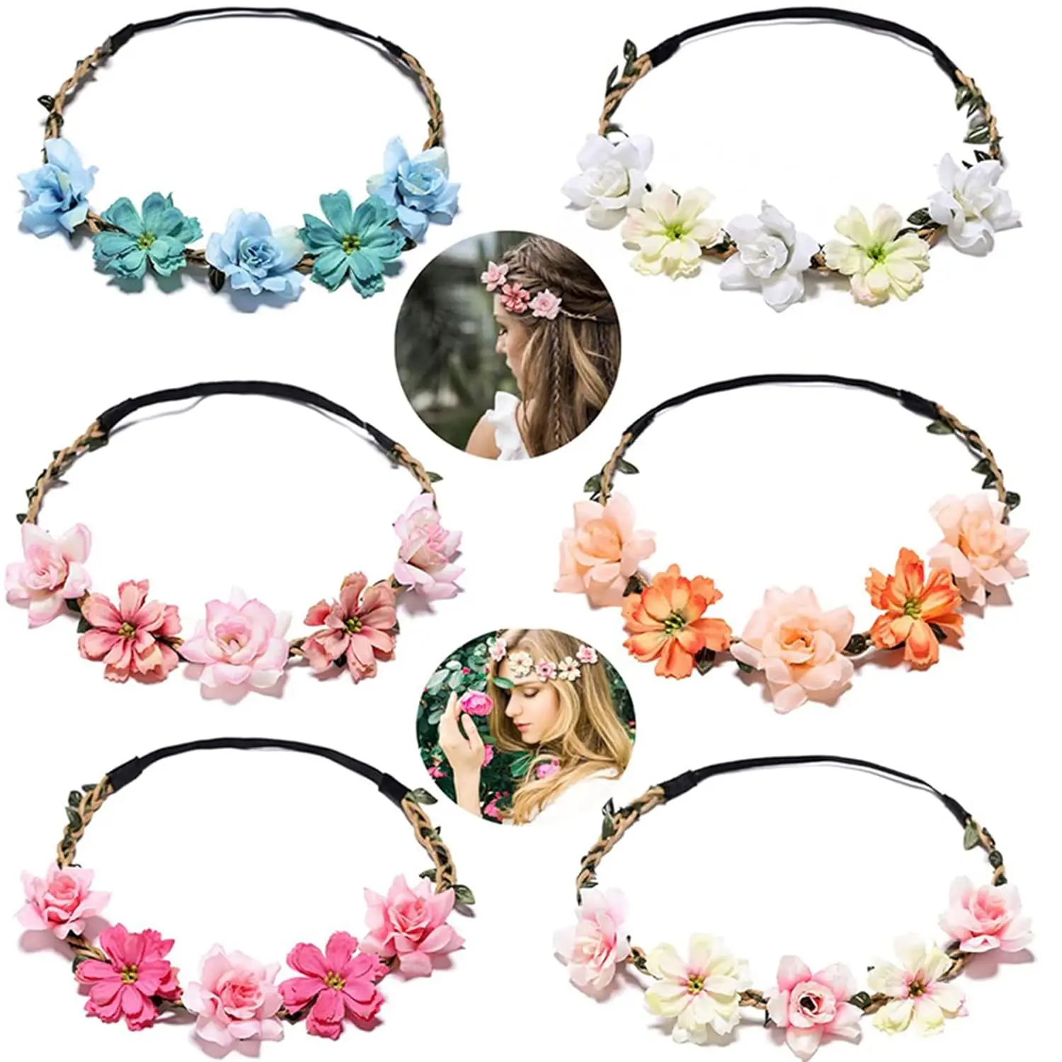3/6 PCS Boho Flower Crown Set – Hair Wreaths & Tiaras for Brides, Bridesmaids, Flower Girls, Weddings & Festivals