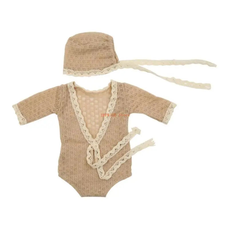 

U50F Neutral Photography Props for Baby Newborn Infant 2-in-1 Knitted Hat Romper Soft Cozy Photo Props
