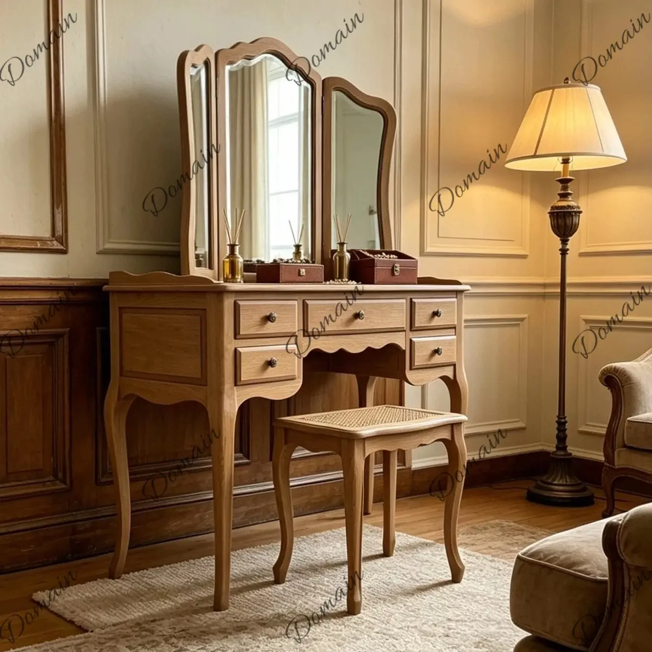 American country solid wood dresser with mirror bedroom rattan makeup table set French retro furniture with mirror