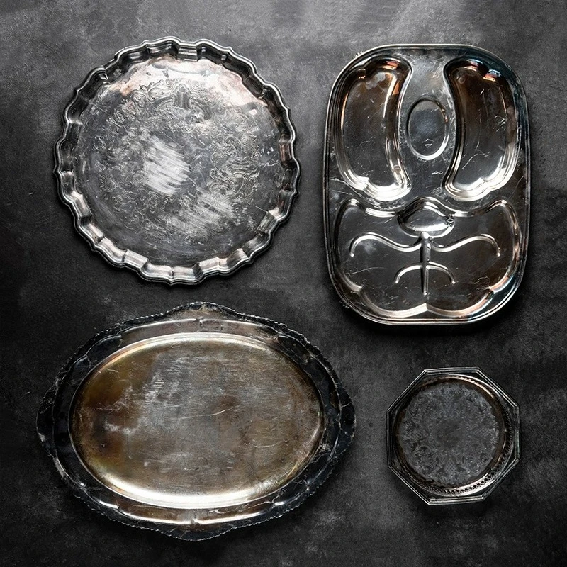 10.4 Western-style VINTAGE Silver-plated Dinner Plate, Home Old Objects Decoration Leaves Plates One Only