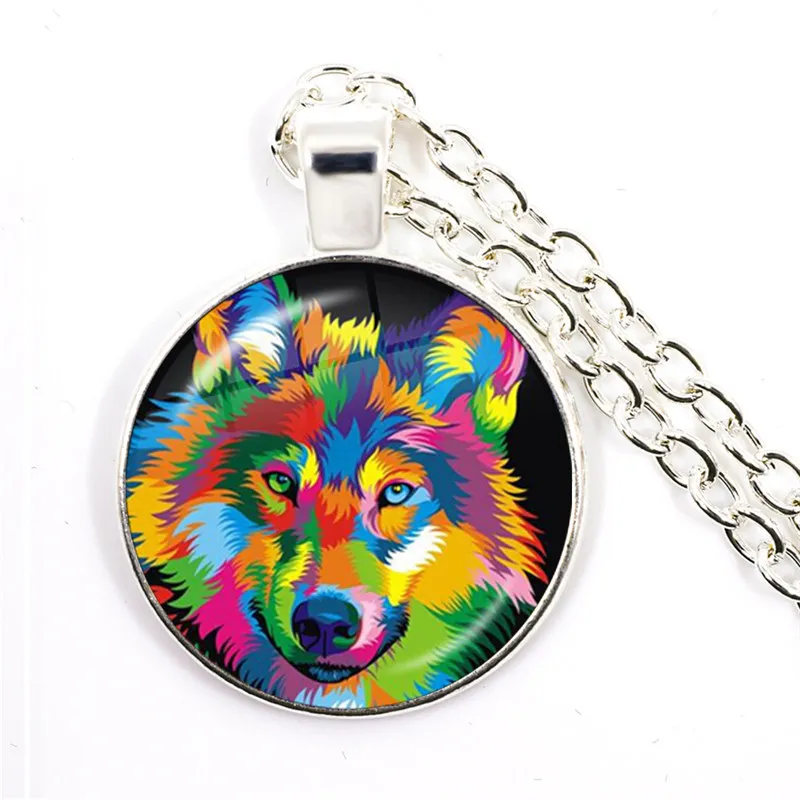 New Arrival Colorful Wolf Pendant Necklace Charm Animal Necklace Glass Cabochon Necklace Daily Gift Jewelry