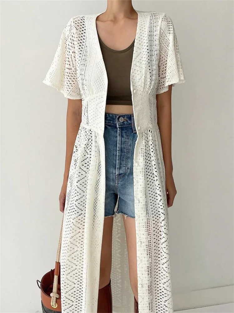 

Boho Style Hook Flower Maxi Lace Shirt Women Summer New Seaside Short Sleeves Long Sunscreen Cardigan Layered Swimsuit Cover