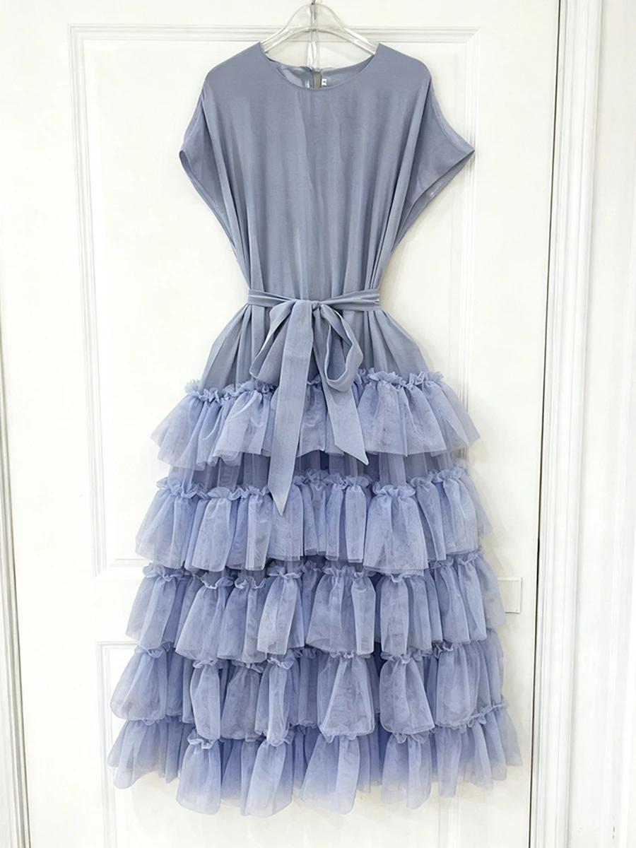 Vgh casual doce emendado em camadas malha bolo vestido para mulheres o pescoço sem mangas fino emendado rendas até vestidos puff feminino verão novo