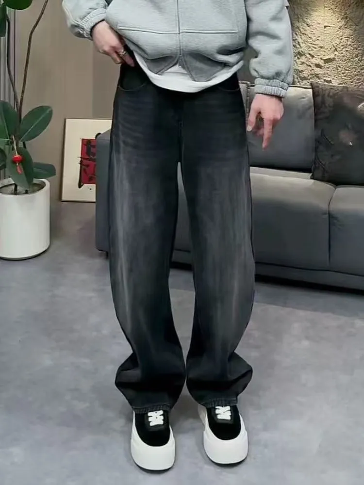 

Мужские джинсы с высокой талией и прямыми штанинами в стиле ретро, осенне-зимние модные повседневные свободные брюки, универсальные длинные штаны