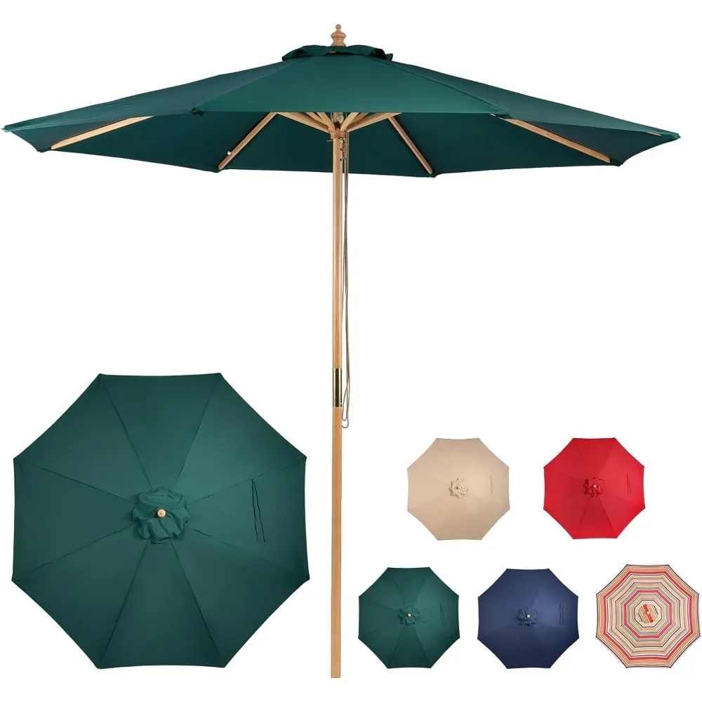 9ft Wooden Umbrella, Outdoor Patio Umbrella, Wood Market Umbrella, Patio Umbrella Wood Pole with Pulley Lift for Garden, Yard