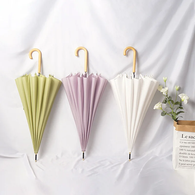Paraguas largo grande Paraguas automático Parasol de lluvia 16a mango de madera Ponzi Paraguas largo Paraguas liso de color sólido Pastel Paraguas bastante resistente Paraguas largo Mango curvo