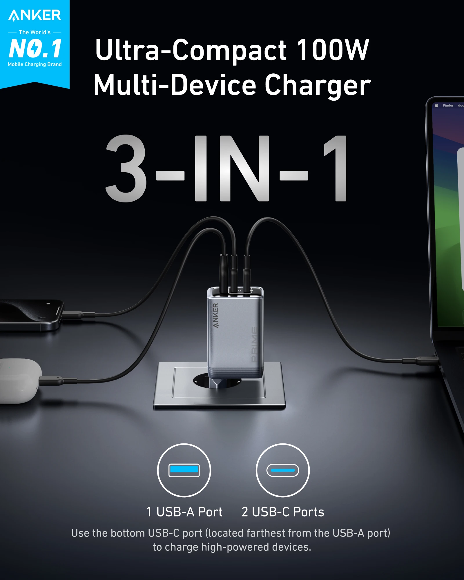 Anker Prime Charger, 100W USB C Charger, 3-Port GaN Foldable and Compact Anker Wall Charger, for MacBook, iPad, iPhone Series