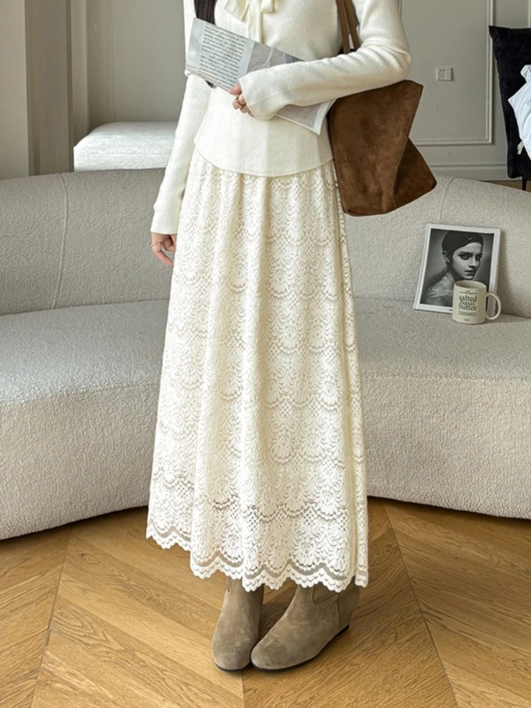 

REALEFT High Waist Elegant Lace Crochet Thick Women's A-line Skirts Long Sleeve Korean Autumn Winter Umbrella Long Skirt Female