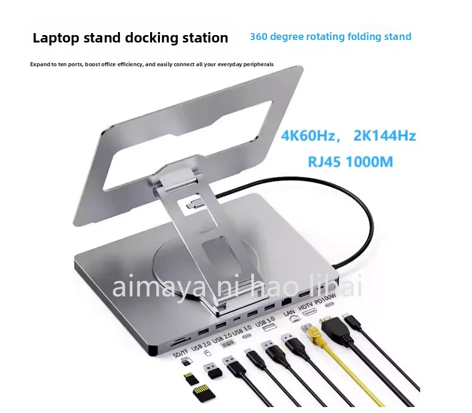 Aluminum 10 in 1 USB C Adapter Bracket Multi-port USB 3.0 Type C Hub 4K 60Hz High Definition TV Gigabit LAN 100W PD
