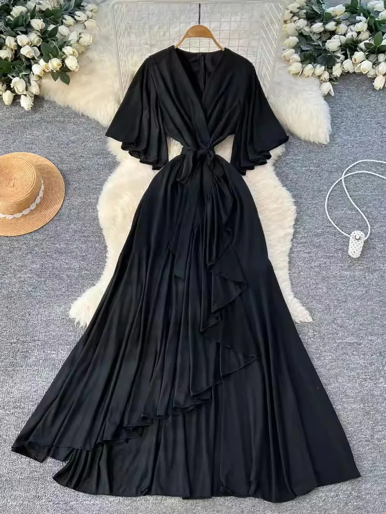 ربيع الخريف المرأة بورجوندي فستان ماكسي الخامس الرقبة التفاف الجبهة كم طويل أنيق فستان حفلة بوهو عادية كشكش رداء طويل جديد 2026 #3