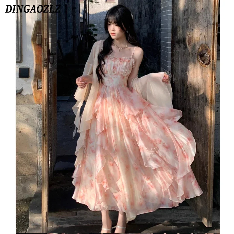 فستان بحمالات مطبوع عليه زهور فستان نسائي ضيق لقضاء العطلات على الشاطئ فستان كوري بدون أكمام طويل من الشيفون XT1439