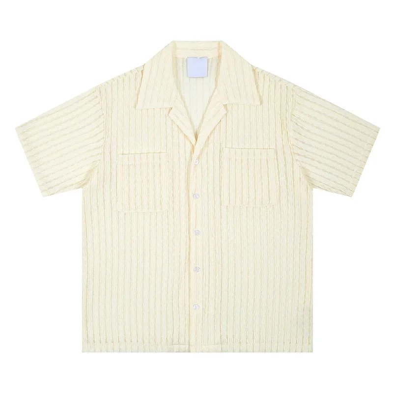 2027 Men's Summer Short Sleeve Shirt Loose Fit Breathable Hollow Out Japanese Casual Shirts for Men Minimalist Lightweight Top