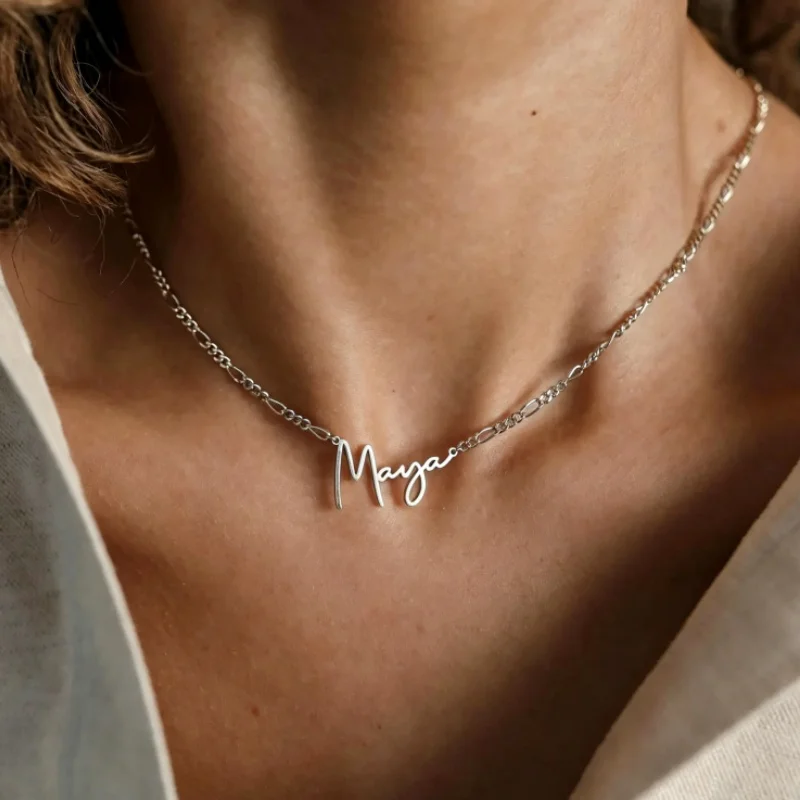 Custom Name Necklace With Figaro Chain，Personalized Letter Necklace，Personalized Gift，Birthday Gift for Her