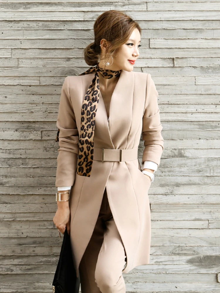 Korean 2 Piece Suits Office Women Lady Temperament Formal Belt Coat Jacket Outwear Blazer Commute Trousers Pants Slim Set Outfit