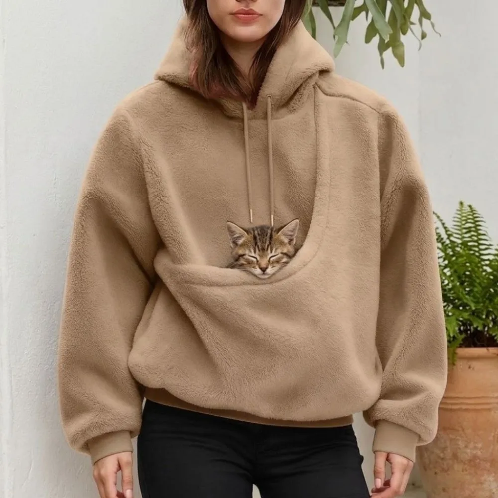 Solid Color Pet Carrier Hoodie for Women Soft Plush Warm Cat Pocket Sweatshirt Animal Pouch With Drawstring Pet Holder Pullover