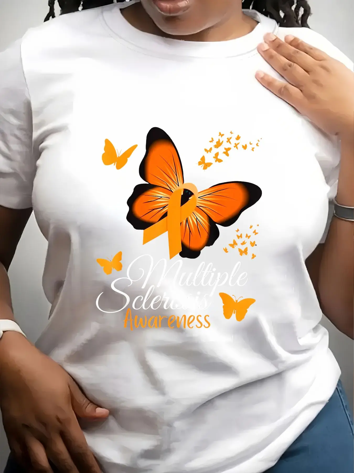 Women's Trendy Crew Neck T-Shirt Multiple Sclerosis Awareness Butterfly Print Suitable for Casual Sportswear