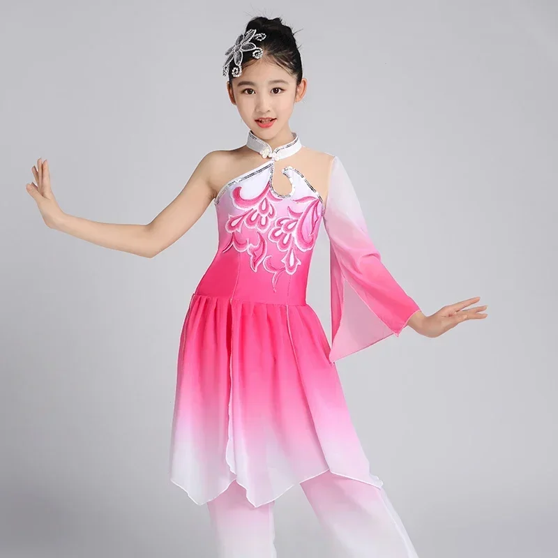 Dziewczęce stroje do tańca z wachlarzami, z jednym rękawem, w stylu chińskim Yangko, eleganckie cekinowe stroje Hanfu do tańca.