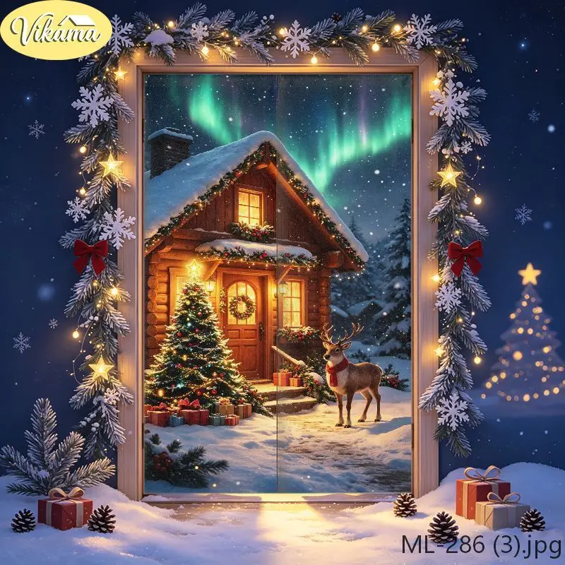 VIKAMA Christmas Aurora Town Tree Santa Flying Door Curtain Northern Light Night Sky Claus Sled Winter Village Gift Holiday Soft
