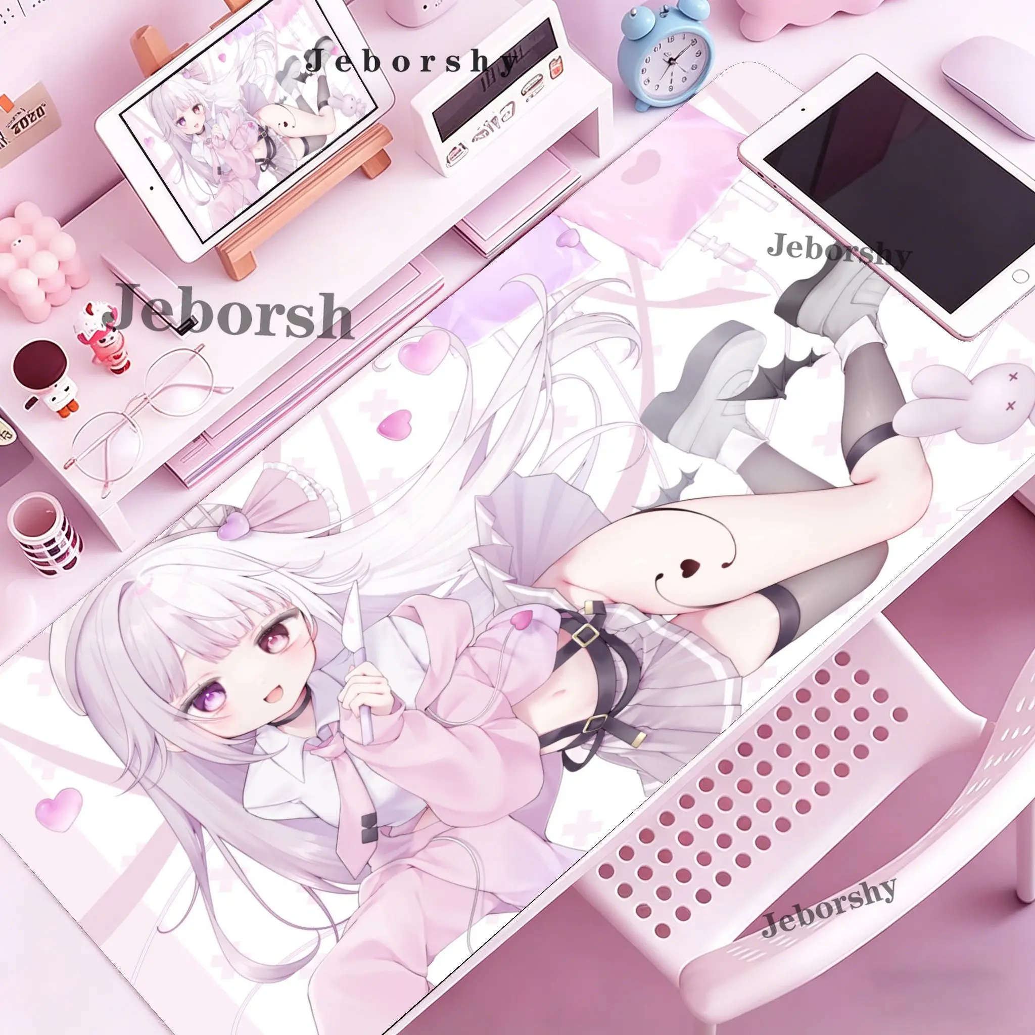 Oversized Pink Anime Girl Mouse Pad, Japanese Cute Lolita Long Desk Pad, Thick Stitched Gaming Desk Mat