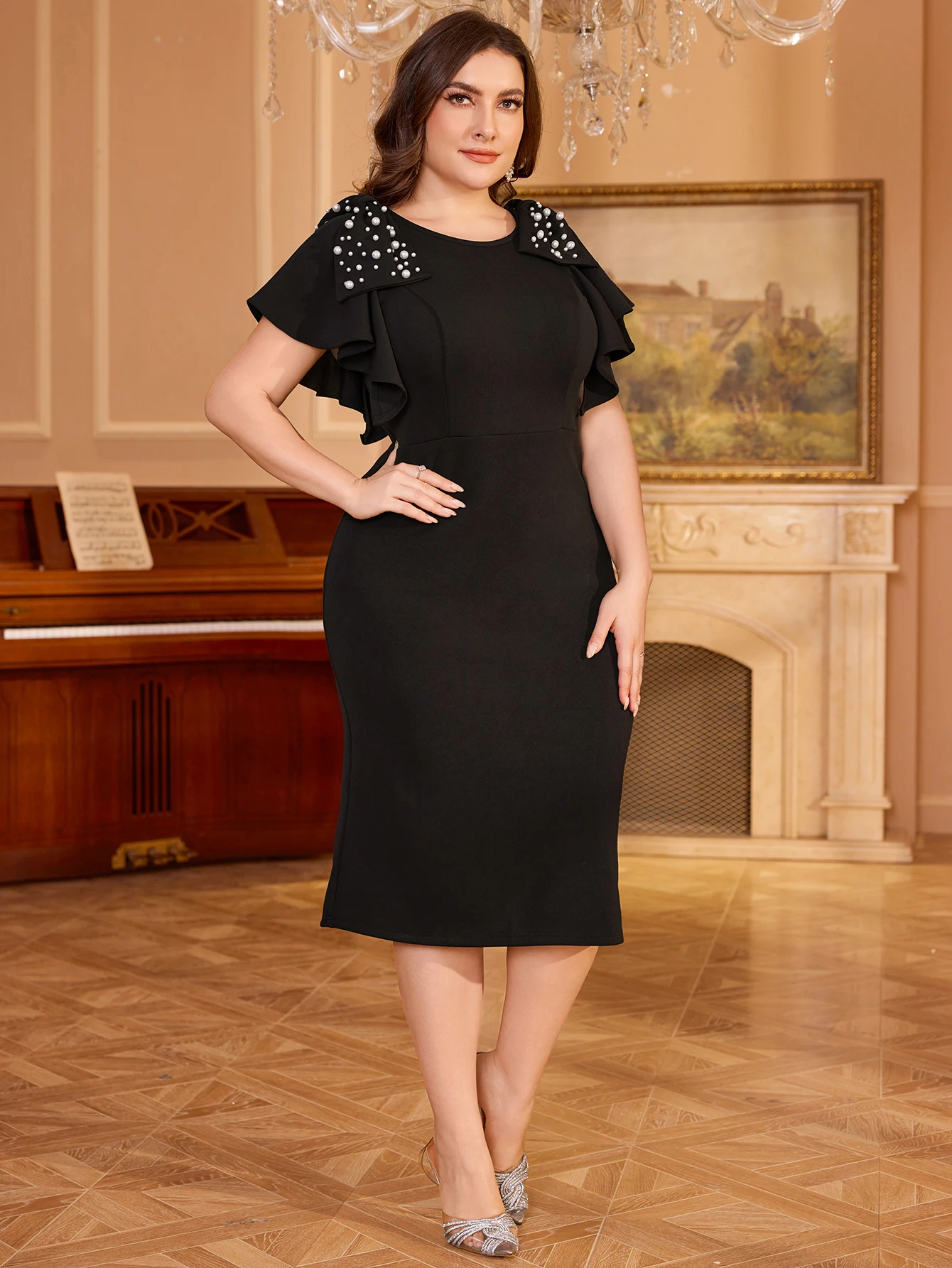 فستان UNITHORSE نسائي أنيق من الشيفون المزخرف بمقاس كبير مع عقدة على شكل فراشة مكشكشة ورقبة دائرية فستان ضيق للنساء